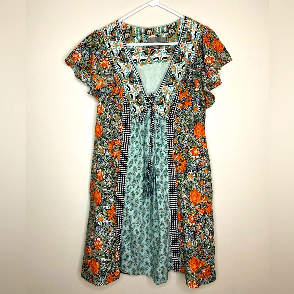 Patchwork Flutter Sleeve Mixed Print Dress by Anthropologie | Medium | Like New
